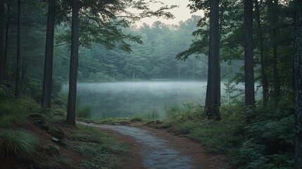 Obraz premium Misty morning path beside tranquil forest lake.