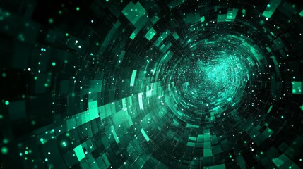 Abstract digital tunnel with green hues and pixelated patterns creating a sense of depth.