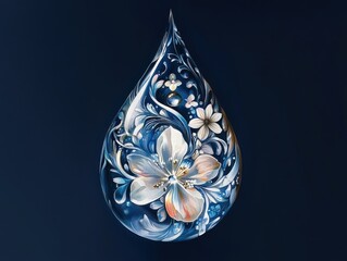 Obraz premium Dark blue teardrop-shaped art piece with floral design