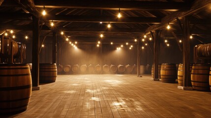 A dimly lit warehouse filled with wooden barrels, creating a rustic and atmospheric setting.