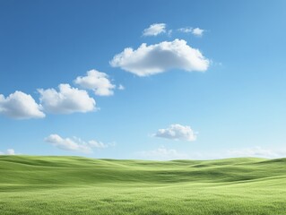 Naklejka premium A serene landscape featuring rolling green hills under a clear blue sky with scattered clouds.