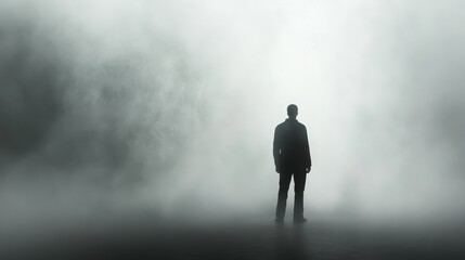 A silhouette of a person stands in a foggy environment, evoking mystery and introspection.