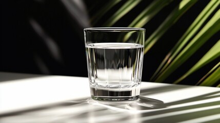 Glass of water on white surface with palm leaf shadows.