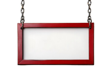 White hanging sign with a red frame on chains, isolated on a transparent background.