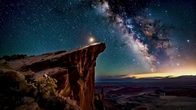 a person standing on a cliff looking at the night sky