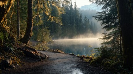 Obraz premium Misty morning lake trail, forest path, sunrise.