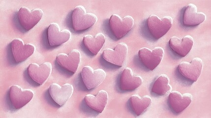 Obraz premium A collection of pink hearts arranged on a soft pink background, symbolizing love and affection.