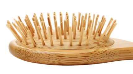 Wooden paddle hair brush with a natural finish. Features wooden bristles for gentle detangling. Isolated on white background