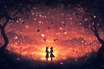Magical illustration of two girls holding hands under a canopy of glowing heart-shaped ornaments and sparkling stars, set in a twilight forest with warm orange and pink hues, perfect for Valentine's D