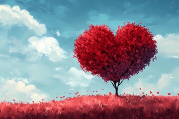 Scenic illustration of a heart-shaped red tree on a grassy field under a bright blue sky with white clouds, perfect for Valentine's Day greeting card, banner, postcard, or poster design celebrating lo