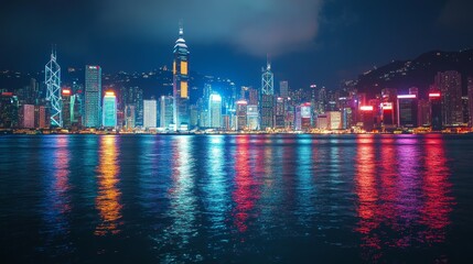 Obraz premium A vibrant night view of a city skyline reflecting on water.