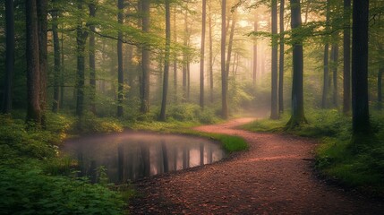 Misty forest path winding beside a tranquil pond at sunrise.