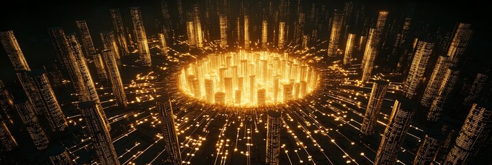 Glowing city at night, futuristic cityscape.