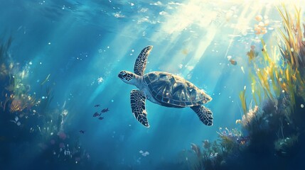 Obraz premium Sea turtle gracefully swims in sunlit ocean, surrounded by vibrant coral reef and small fish.