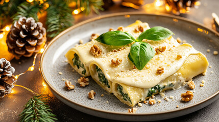 Golden Spinach Ricotta Cannelloni with Bechamel and Holiday Decor