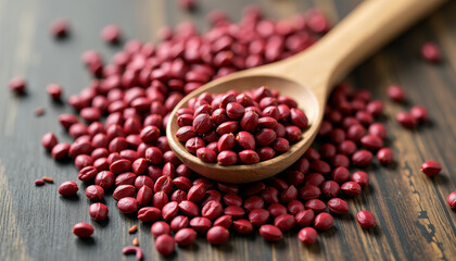 Vibrant Red Seeds in Wooden Spoon