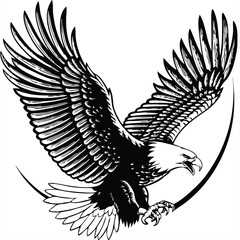 Majestic Bald Eagle Soaring, Wings Spread Wide, Black Ink Art