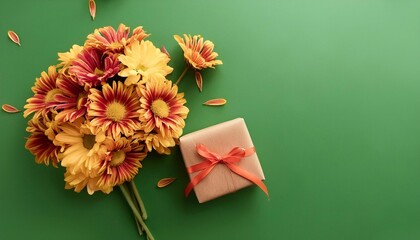 chrysanthemums and gift box with space for text - card template for birthday, march 8 and mother's day