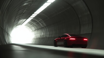 Fototapeta premium A sleek red car positioned in a tunnel, illuminated by bright light at the end.