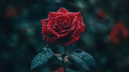 Single dark red rose with water droplets on petals and leaves, close-up.