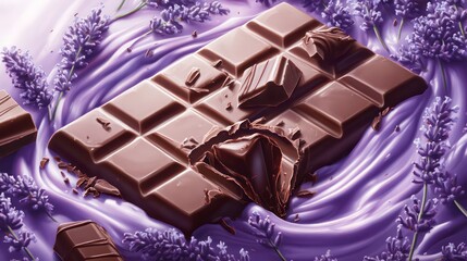A chocolate bar with melted pieces on a dreamy lavender backdrop