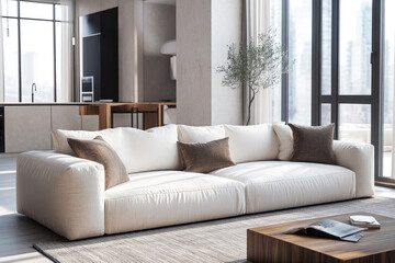 A modern, minimalist living room with a large white sofa, neutral-toned pillows, and floor-to-ceiling windows. Comfortable furniture for home.