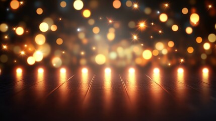 A blurred background of warm bokeh light with a wooden floor, creating a festive atmosphere.