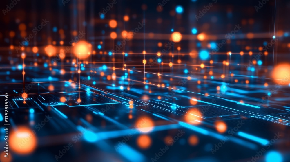 Poster abstract digital landscape with glowing particle and lines representing data flow.