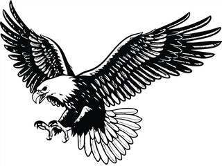 Majestic Eagle Soaring, Wings Spread Wide, Black and White Art