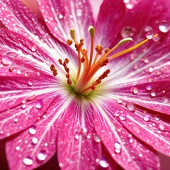 Obraz premium A close-up of a vibrant pink flower covered in glistening dew drops, with a golden center and delicate petals.