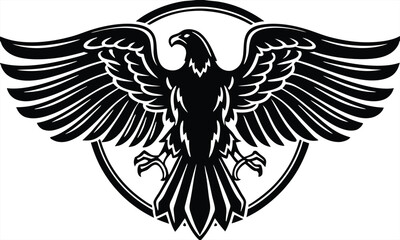 Majestic Black Eagle Wings Spread, Circle Emblem, Bird of Prey