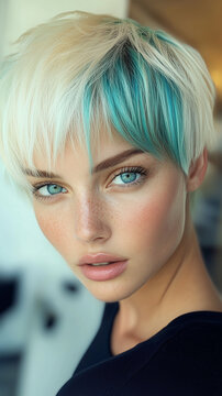 Close-up photo of blonde hair with blue-green streaks in pixie cut, hair salon background