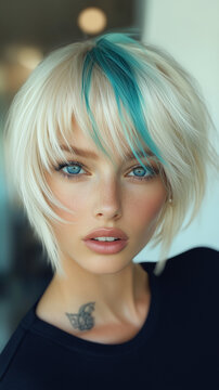 Close-up photo of blonde hair with blue-green streaks in pixie cut, hair salon background