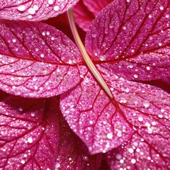 A close-up of a vibrant pink flower covered in glistening dew drops, with a golden center and delicate petals.