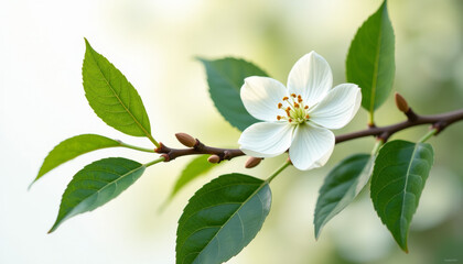 Fototapeta premium Delicate White Blossom and Lush Green Leaves