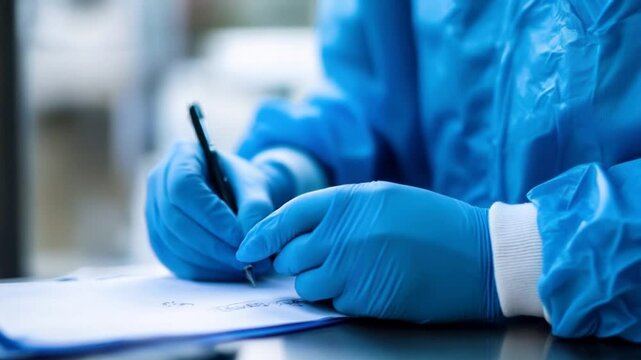 Doctor, writing and hands of notes with computer and medical research for muscular dystrophy in office