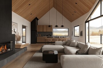Modern open-plan living room with high ceiling, fireplace, and large windows overlooking autumnal landscape.