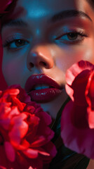 A high-fashion photoshoot of model with peonies 