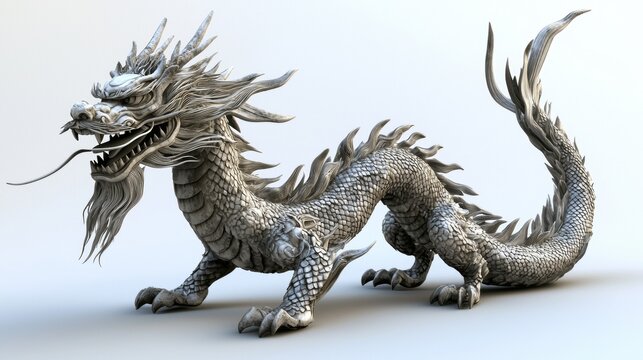 Majestic silver dragon sculpture displayed against a plain background showcasing intricate details and artistic craftsmanship