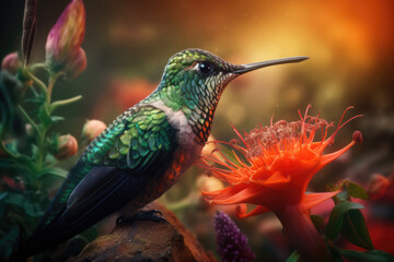 Fototapeta premium Hummingbird hovering over sweet flowers