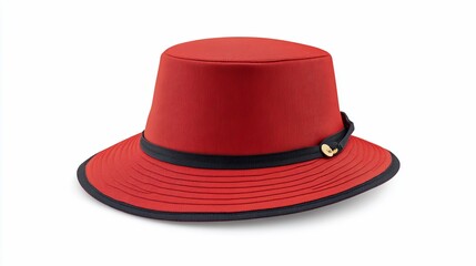 Red sun hat with a black band and gold button.
