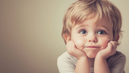 Naklejka premium Adorable Close-Up Portrait of a Young Child with a Thoughtful Expression and Soft Neutral Background