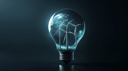 Innovative energy concept featuring wind turbines inside a light bulb against a dark background