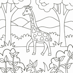 giraffe walking green field in the forest coloring