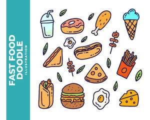 Set of Fast Food Doodle Illustration Vector
