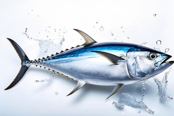 Naklejka premium Tonno mentre nuota su sfondo bianco