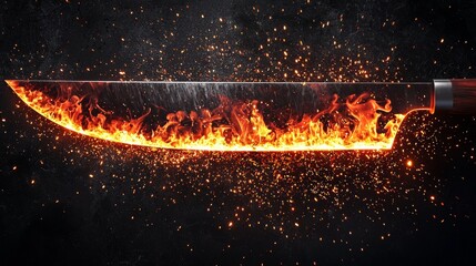 Unique handmade knife glowing with fiery embers on charcoal background in dramatic lighting during crafting session