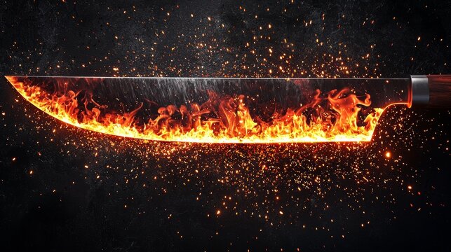 Unique handmade knife glowing with fiery embers on charcoal background in dramatic lighting during crafting session