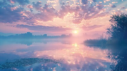 Fototapeta premium A serene wetland at dawn with mist rising from the water and soft pastel colors painting the sky and reflecting on the calm surface.