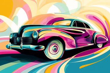 Abstract colorful illustration of retro luxury car. Ai generative art